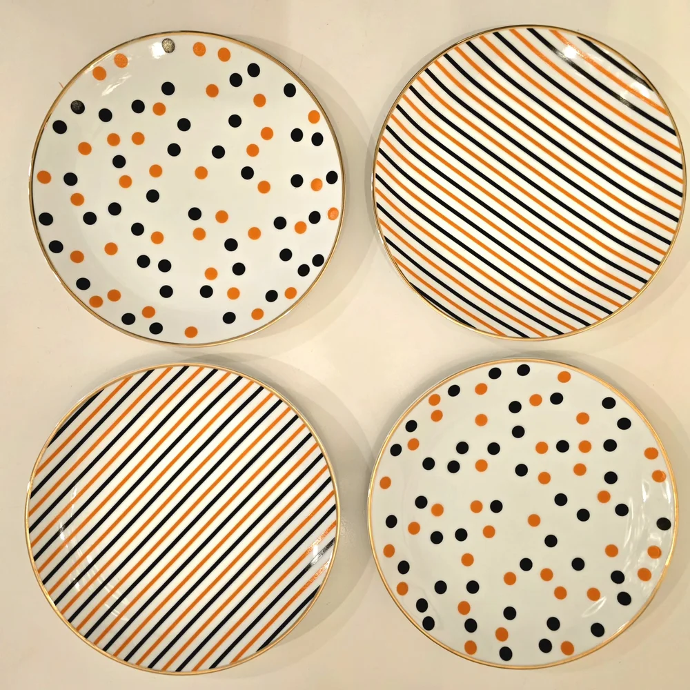 BALLARD DESIGNS 4 Accent Plates Orange & Black Scatter Dot & Multi-Stripe Design